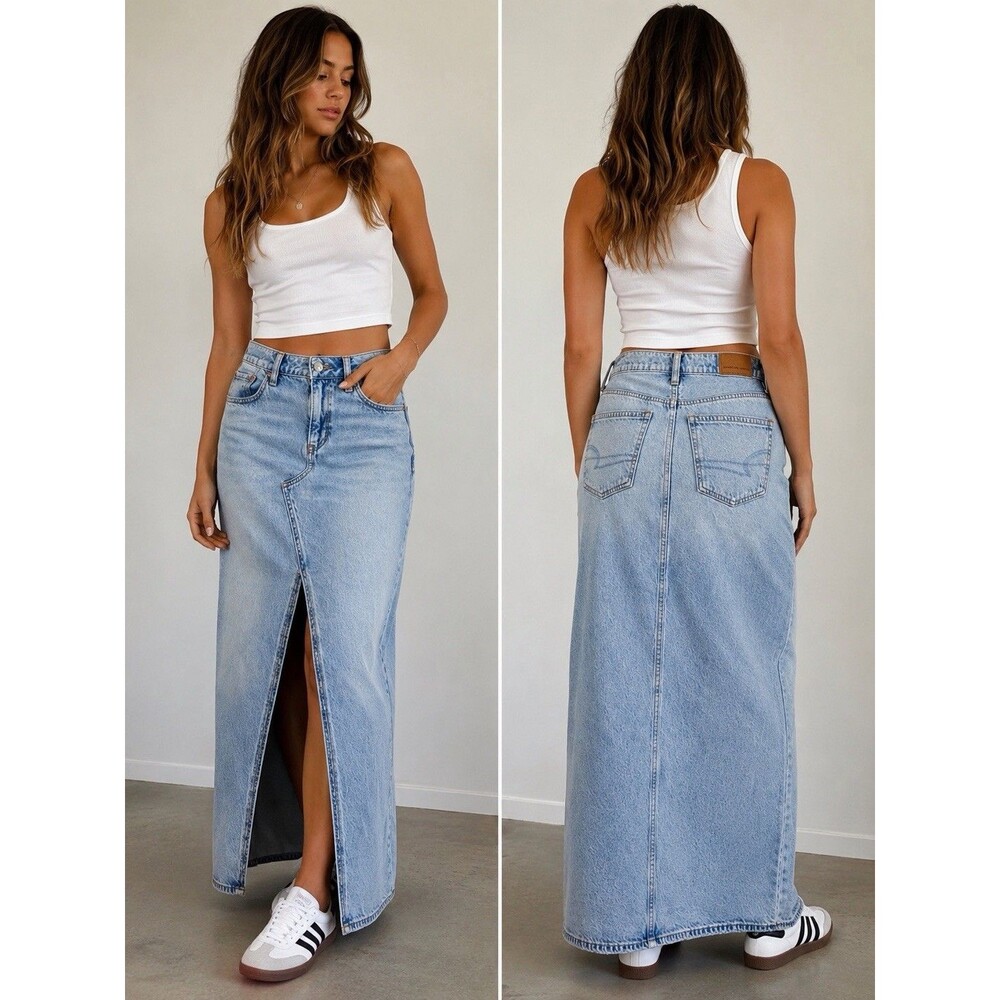 American Eagle Denim Maxi Skirt Women’s US 00 Light Wash Front Slit Blue Jean